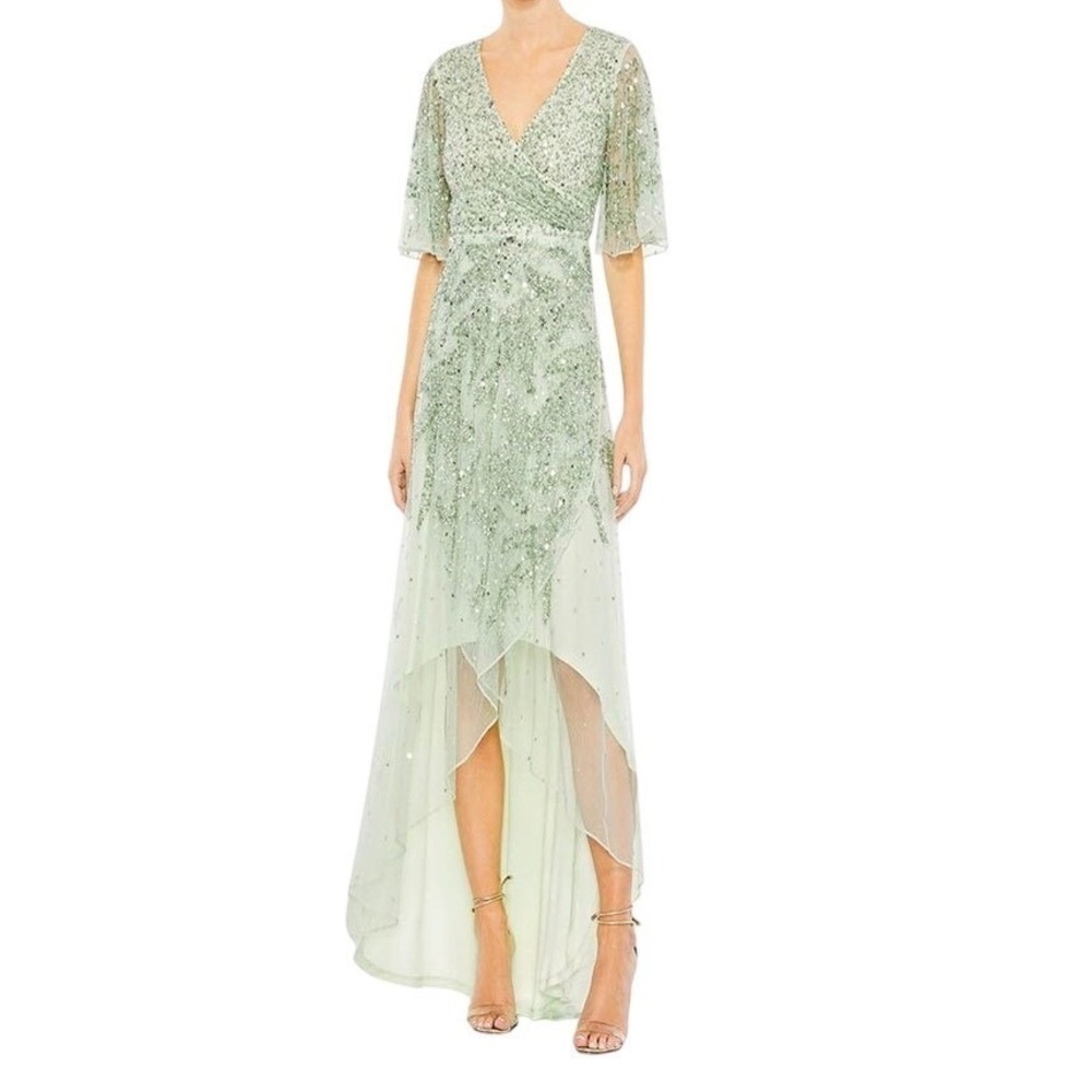 Mac Duggal 93681 High Low Chiffon Sage Green Sequin Beaded Dress Size 6